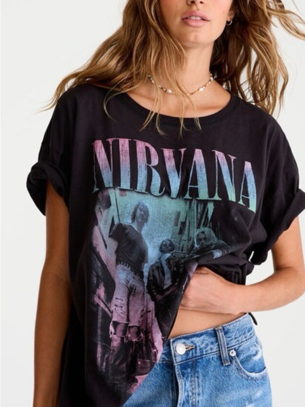 NIRVANA Black Tee with Pink and Blue Fade Graphic